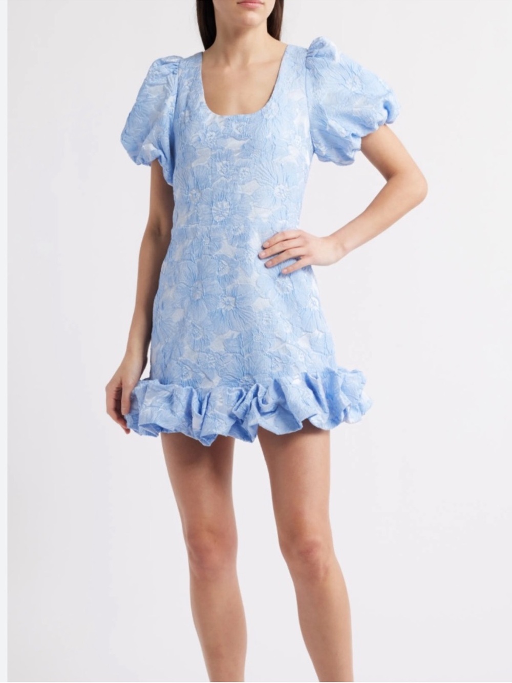 Sister Jane Powder Blue Puff Sleeve Ruffle-Hem Mini Dress